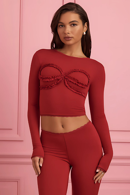 Zufey Lace-Trim Appliqué Pyjama Top in Ruby Red