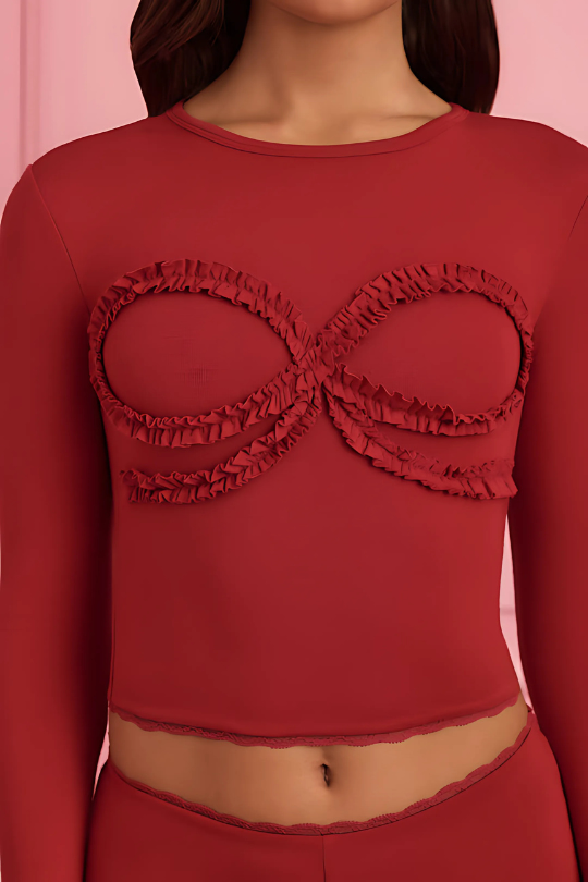 Zufey Lace-Trim Appliqué Pyjama Top in Ruby Red