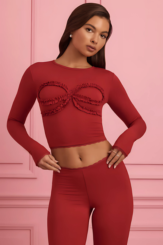 Zufey Lace-Trim Appliqué Pyjama Top in Ruby Red